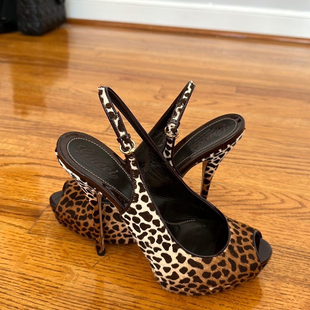 Gucci leopard open toe sling backs heels